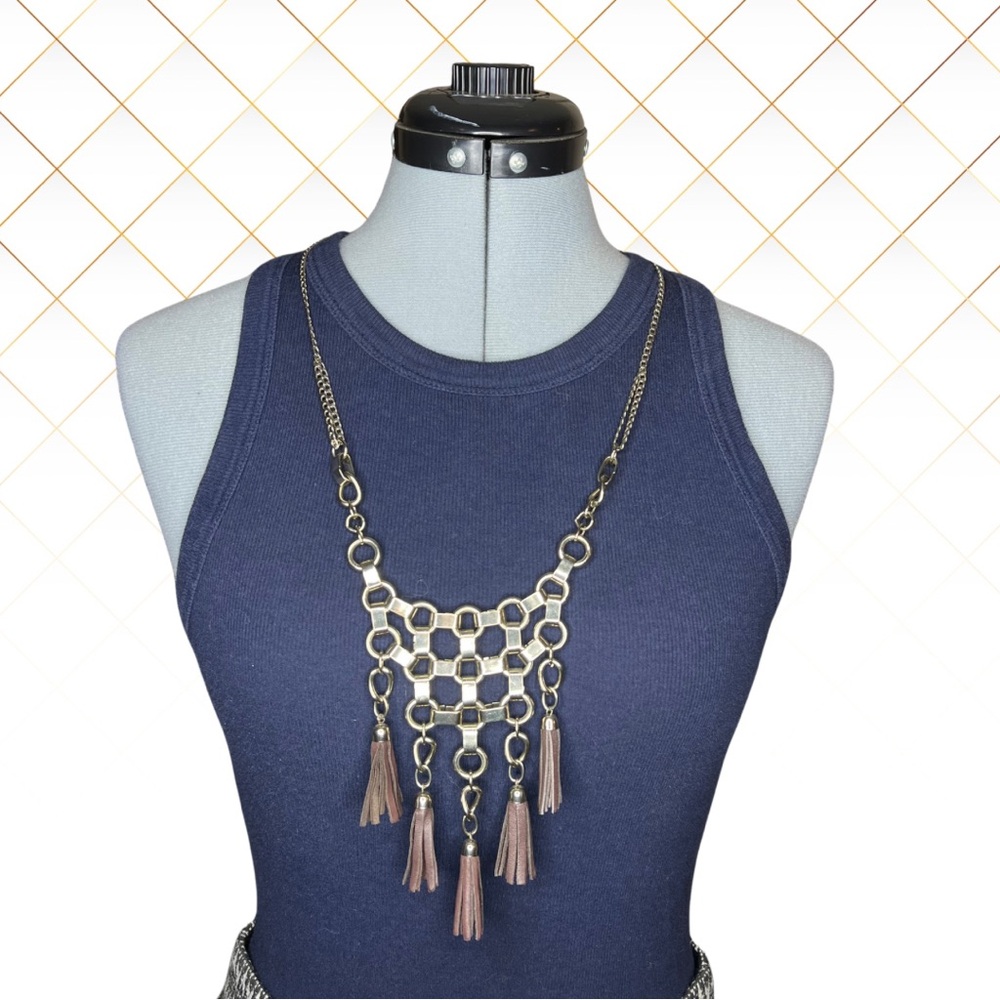 Banana Republic Necklace Multi Leather Tassel Bib Silver Steel Color Chain